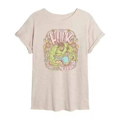 Novelty T-shirts Womens Juniors Crew Neck Short Sleeve Regular Fit Hulk Marvel Graphic T-shirt In Sand