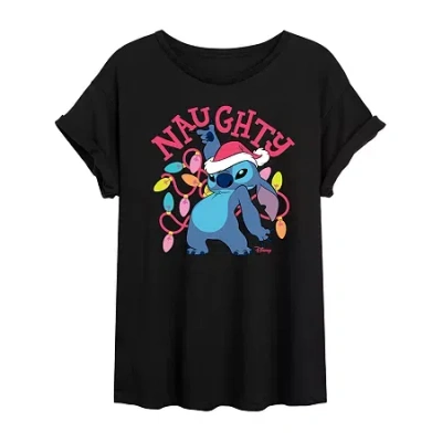 Novelty T-shirts Womens Juniors Crew Neck Short Sleeve Regular Fit Lilo & Stitch Graphic T-shirt In Black