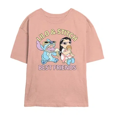 Novelty T-shirts Womens Juniors Crew Neck Short Sleeve Regular Fit Lilo & Stitch Graphic T-shirt In Pink