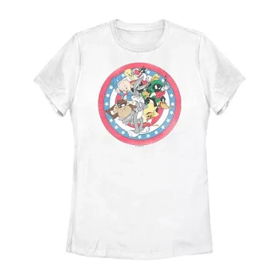 Novelty T-shirts Womens Juniors Crew Neck Short Sleeve Regular Fit Looney Tunes Graphic T-shirt In White