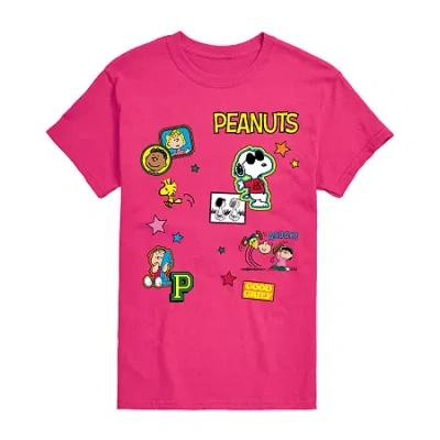 Novelty T-shirts Womens Juniors Crew Neck Short Sleeve Regular Fit Peanuts Snoopy Graphic T-shirt In Pink