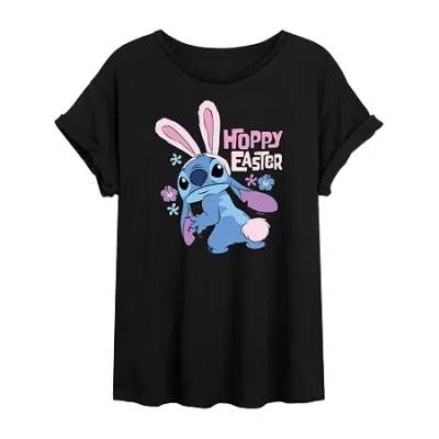 Novelty T-shirts Womens Juniors Scoop Neck Short Sleeve Oversized Lilo & Stitch Graphic T-shirt In Black