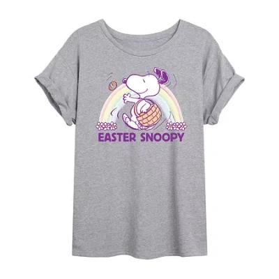Novelty T-shirts Womens Juniors Scoop Neck Short Sleeve Oversized Peanuts Snoopy Graphic T-shirt In Gray