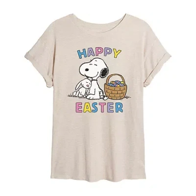 Novelty T-shirts Womens Juniors Scoop Neck Short Sleeve Oversized Peanuts Snoopy Graphic T-shirt In Sand