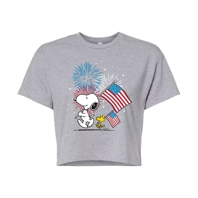 Novelty T-shirts Woodstock Flag Cropped Womens Juniors Crew Neck Short Sleeve Regular Fit Peanuts Snoopy Graphic T-sh In Gray