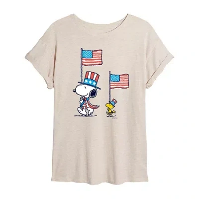 Novelty T-shirts Woodstock Flag Womens Juniors Crew Neck Short Sleeve Oversized Peanuts Snoopy Graphic T-shirt In Sand