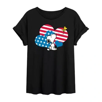Novelty T-shirts Woodstock Heart Flag Womens Juniors Crew Neck Short Sleeve Oversized Peanuts Snoopy Graphic T-shirt In Black