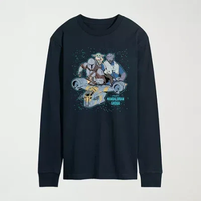 Novelty The Mandalorian And Grogu Collage Mens Crew Neck Long Sleeve Regular Fit Baby Yoda Star Wars Graphic In Blue