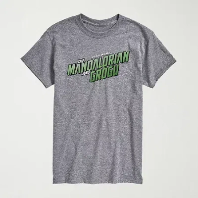 Novelty The Mandalorian And Grogu Logo Mens Crew Neck Short Sleeve Regular Fit Baby Yoda Star Wars Graphic T In Gray
