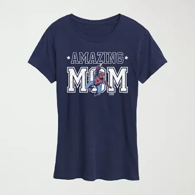 Novelty T-shirts Amazing Mom Womens Crew Neck Short Sleeve Classic Fit Spiderman Graphic T-shirt In Blue