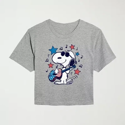Novelty T-shirts Americana Guitar Cropped Womens Juniors Crew Neck Short Sleeve Classic Fit Peanuts Snoopy Graphic T- In Gray