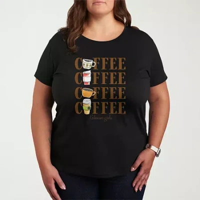Novelty T-shirts Coffee Repeated Womens Plus Crew Neck Short Sleeve T-shirt In Black