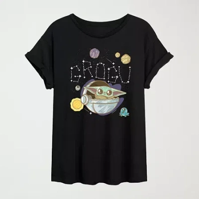 Novelty T-shirts Grogu Space Womens Juniors Crew Neck Short Sleeve Oversized Baby Yoda Star Wars Graphic T-shirt In Black