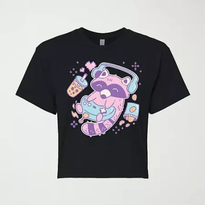 Novelty T-shirts Kawaii Racoon Gamer Cropped Womens Juniors Crew Neck Short Sleeve Classic Fit Graphic T-shirt In Black