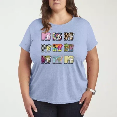 Novelty T-shirts Mtv Top Logo Grid Womens Plus Crew Neck Short Sleeve Mtv T-shirt In Blue
