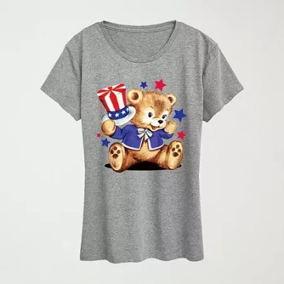 Novelty T-shirts Patriotic Bear Womens Crew Neck Short Sleeve Classic Fit Graphic T-shirt In Gray