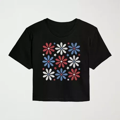 Novelty T-shirts Red White Blue Daisies Cropped Womens Juniors Crew Neck Short Sleeve Classic Fit Graphic T-shirt In Black