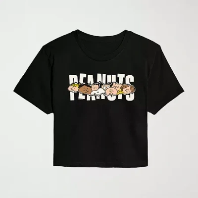 Novelty T-shirts Ripped Logo Cropped Womens Juniors Crew Neck Short Sleeve Classic Fit Peanuts Snoopy Graphic T-shirt In Black