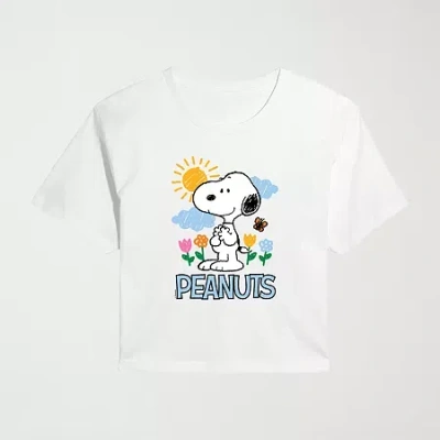 Novelty T-shirts Sketchy Spring Cropped Womens Juniors Crew Neck Short Sleeve Classic Fit Peanuts Snoopy Graphic T-sh In White