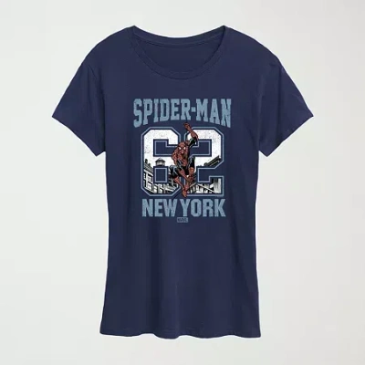 Novelty T-shirts Womens Crew Neck Short Sleeve Classic Fit Spiderman Graphic T-shirt In Blue