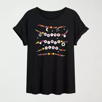 Novelty T-shirts Womens Juniors Crew Neck Short Sleeve Oversized Graphic T-shirt In Black