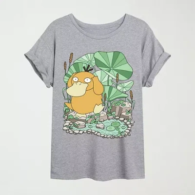 Novelty T-shirts Womens Juniors Crew Neck Short Sleeve Oversized Pokemon Graphic T-shirt In Gray