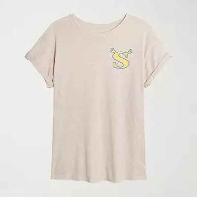 Novelty T-shirts Womens Juniors Crew Neck Short Sleeve Oversized Shrek Graphic T-shirt In Sand