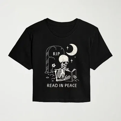 Novelty T-shirts Womens Juniors Crew Neck Short Sleeve Regular Fit Graphic T-shirt In Black