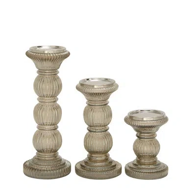 Novogratz Glass Handmade Turned Style Pillar Decorative Gray Candle Holder Set In Neutral