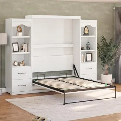 Novogratz Her Majesty Murphy Bed Bundle - Queen Wall Bed & 2 Bedside Bookcase Cabinets With Drawers, White