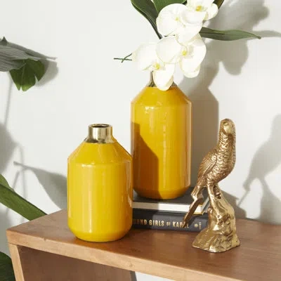 Novogratz Metal Decorative Vase With Gold Rims Set In Yellow
