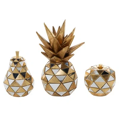 Novogratz Polystone And Glass Mirrored Geometric Fruit Sculptures, 3-piece Set: 4.5", 6.25", 10.5" In Gold
