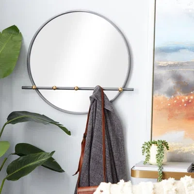 Novogratz Round Black Metal Mirror With Hooks 26"w X 24"h In Satin Black