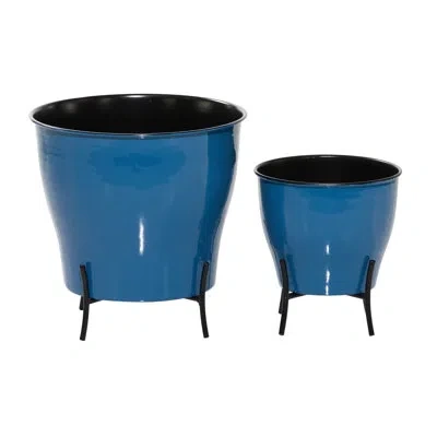 Novogratz Round Blue Enamel Metal Planters With Gold Inlay And Stand, Set Of 2: 9", 12"