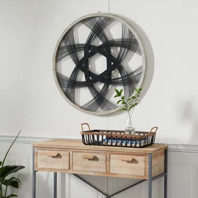 Novogratz Round Wood And Black Rattan Wall Décor, 33.5" X 33.5" In Multi