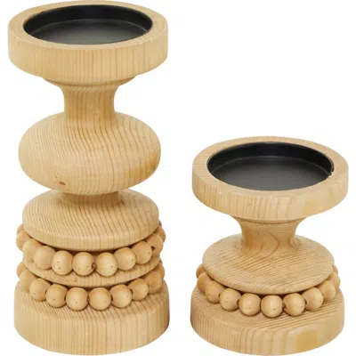Novogratz Set Of 2 Beaded Wooden Candleholders In Brown