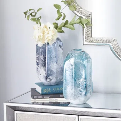 Novogratz Set Of 2 Blue Glass Contemporary Vase 12", 11"h