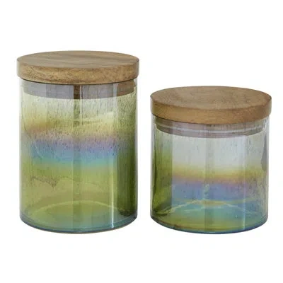 Novogratz Set Of 2 Green Mango Wood Coastal Decorative Jar In Multi Colored