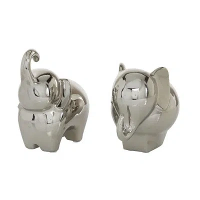 Novogratz Set Of 2 Silver Porcelain Contemporary Elephant Sculpture, 6", 7"