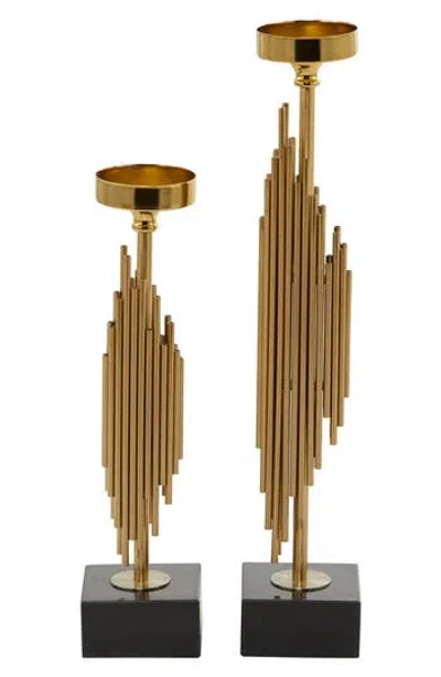 Novogratz Set Of Two Brass Tube Candlesticks In Gold