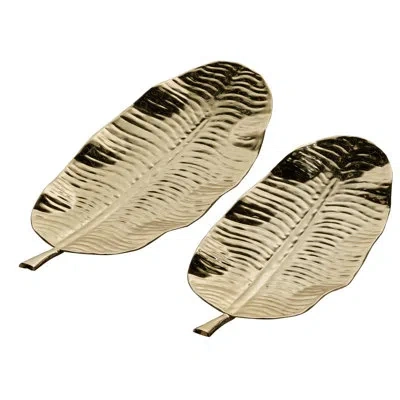 Novogratz Small Leaf Shaped Display And Serving Steel Trays In Metallic Gold Finish, Set Of 2: 26"x11"