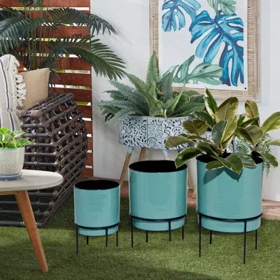 Novogratz Teal Round Metal Planters, Set Of 3: 10", 13", 14" In Green