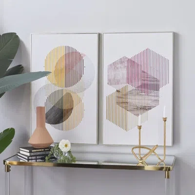 Novogratz White Canvas Geometric Living Room Framed Wall Art With Silver Frame, Set Of 2 In White;yellow