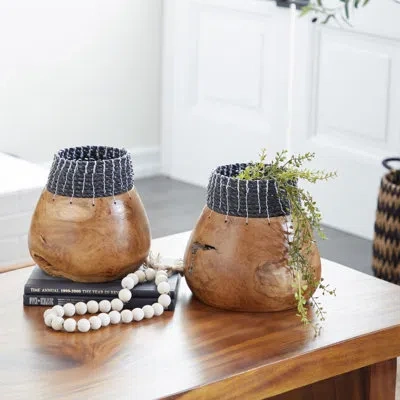 Novogratz White Teak Wood Natural Decorative Bowls In Black