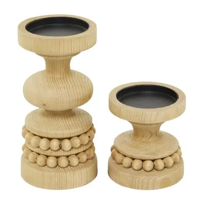 Novogratz Wood Beaded Pillar Decorative Candle Holder Set In Cream