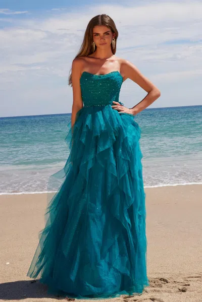 Nox Anabel A1591 Long A Line Glitter Ruffle Formal Prom Dress In Blue