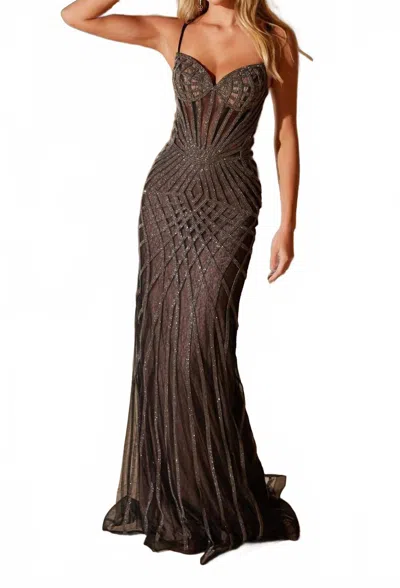 Nox Anabel Beaded Lace Up Back Dress In Black In Brown