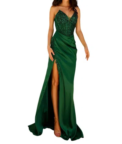Nox Anabel Beaded Satin Fitted Strapless Slit Gown In Emerald In Gold