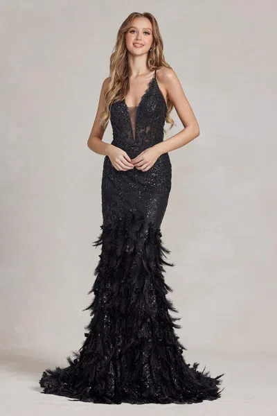 Nox Anabel C1111 Long Formal Feather Prom Dress In Black