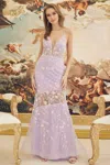 Nox Anabel C1195 Long Spaghetti Strap Sexy Beaded Prom Gown In Purple